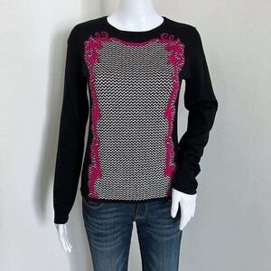 St. John Women's Sweater Size S Black White Chevron Pink Scroll Wool Blend